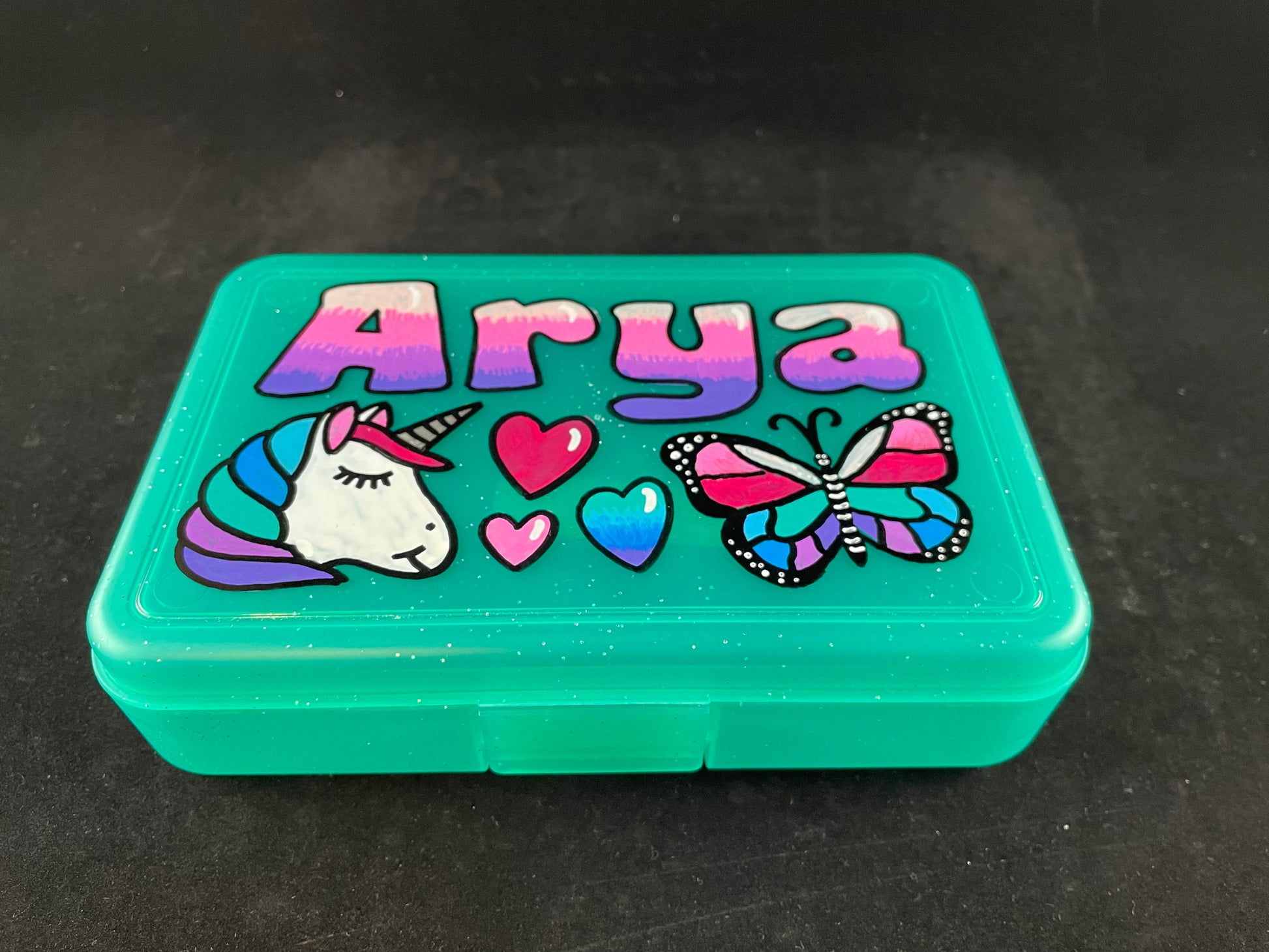 Personalized Hand Painted Custom Pencil Case - sparkle turquoise, unicorn, butterfly