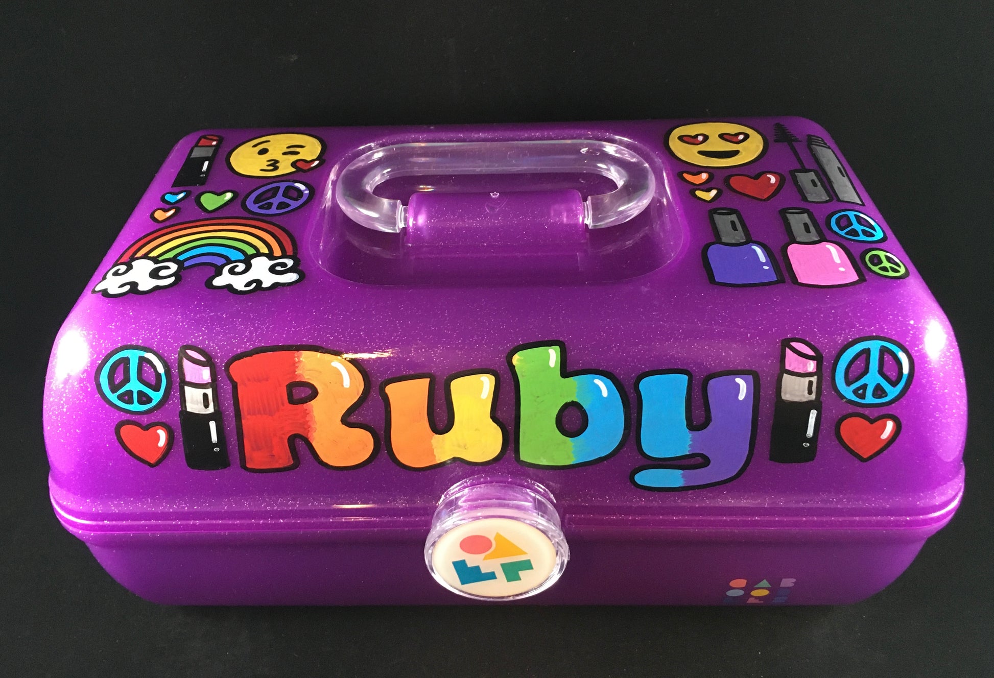 "Ruby" Hand-painted personalized caboodle purple sparkle - front view, makeup
