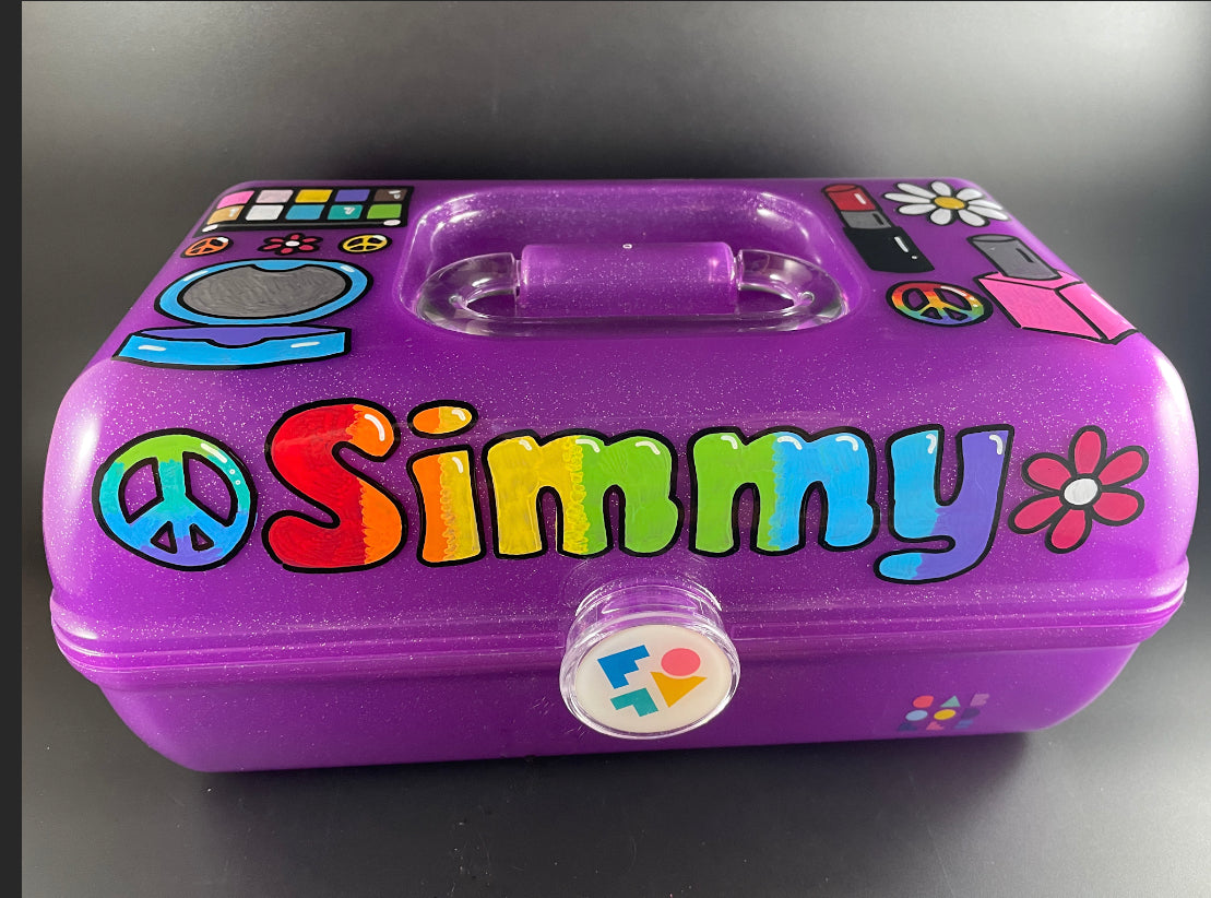 "Simmy" hand-painted personalized caboodle purple sparkle makeup theme - front view