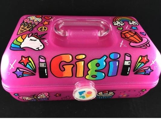 CUSTOM personalized, hand-painted caboodle - jelly sparkle pink, front view, makeup storage