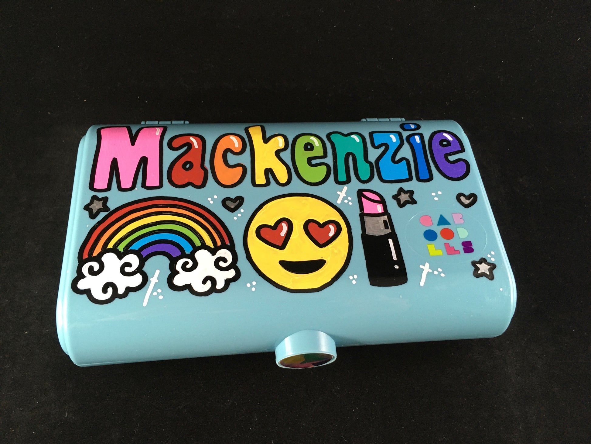 Custom, hand-painted, personalized Caboodles "Take it" touch up tote - small storage container, sparkle blue