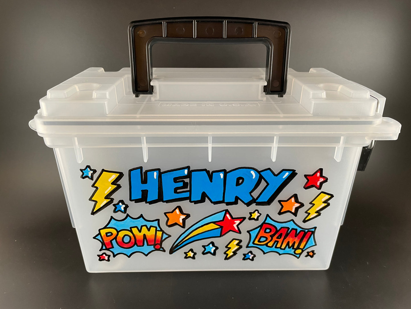 Small, hand-painted custom personalized carry case with handle - clear, front view, superhero theme