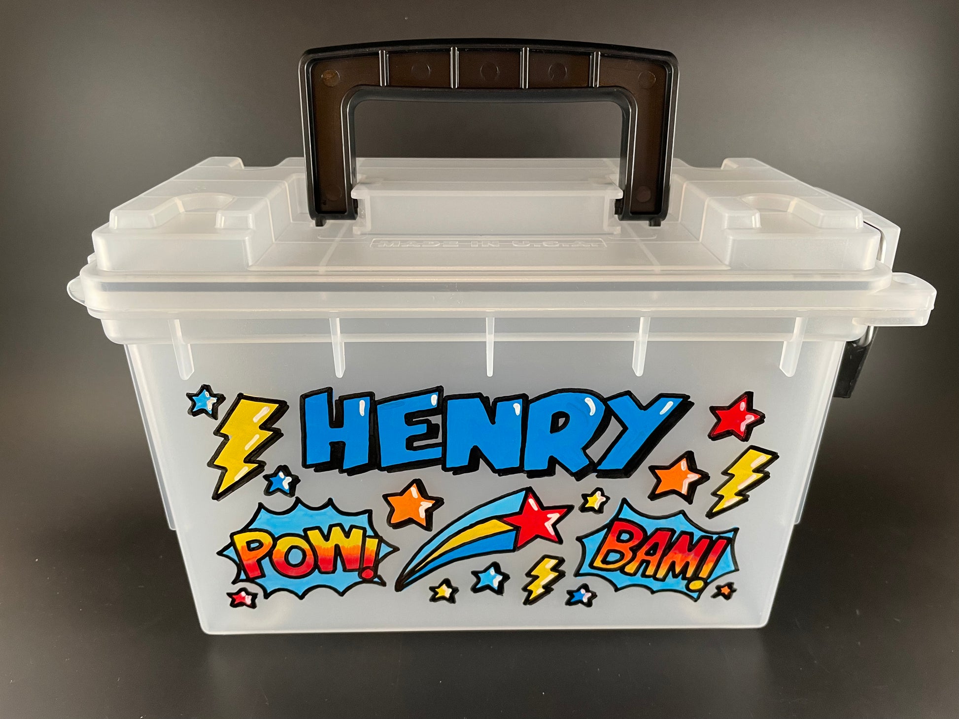 Small, hand-painted custom personalized carry case with handle - clear, front view, superhero theme