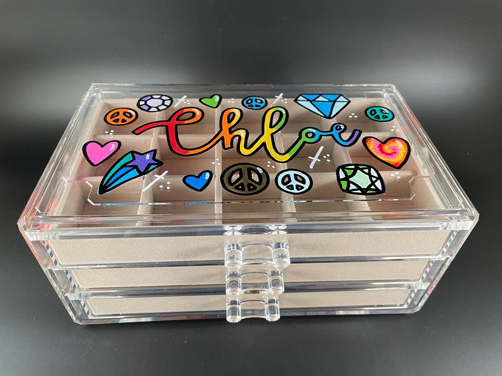 beige personalized acrylic jewelry box - top view