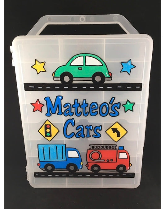 personalized matchbox car case - cars and trucks design, double sided 
